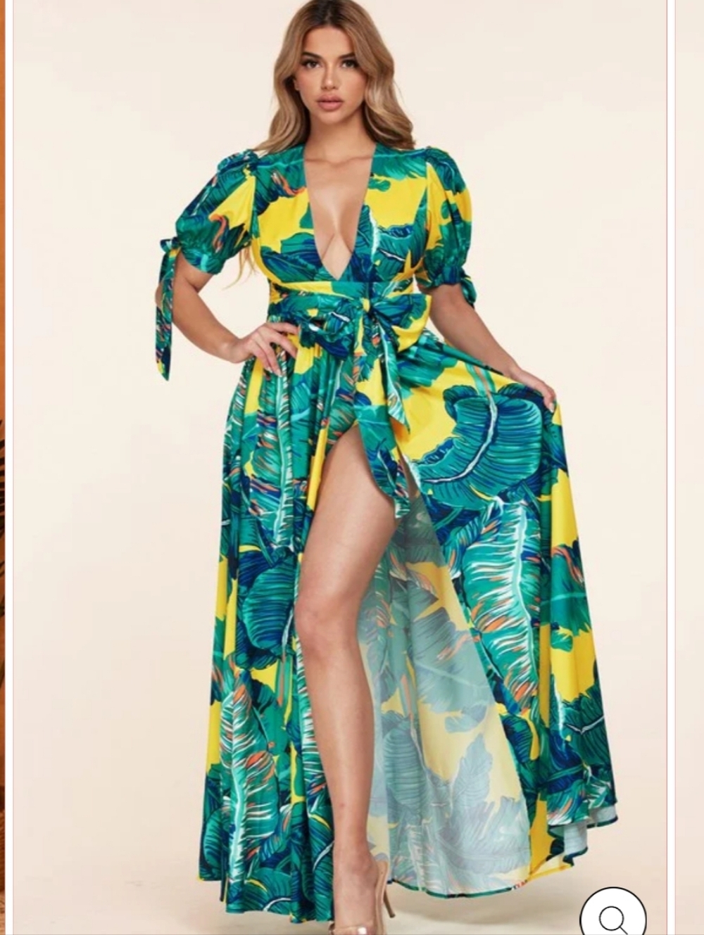 L'ATISTE Yellow Maxi Dress with Teal Tropical Leaf Print
